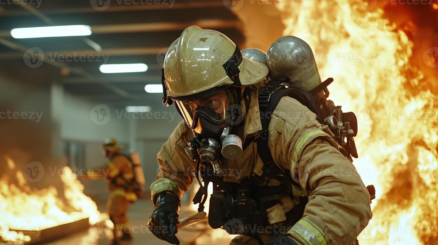 Firefighter in protective gear running through a burning building photo