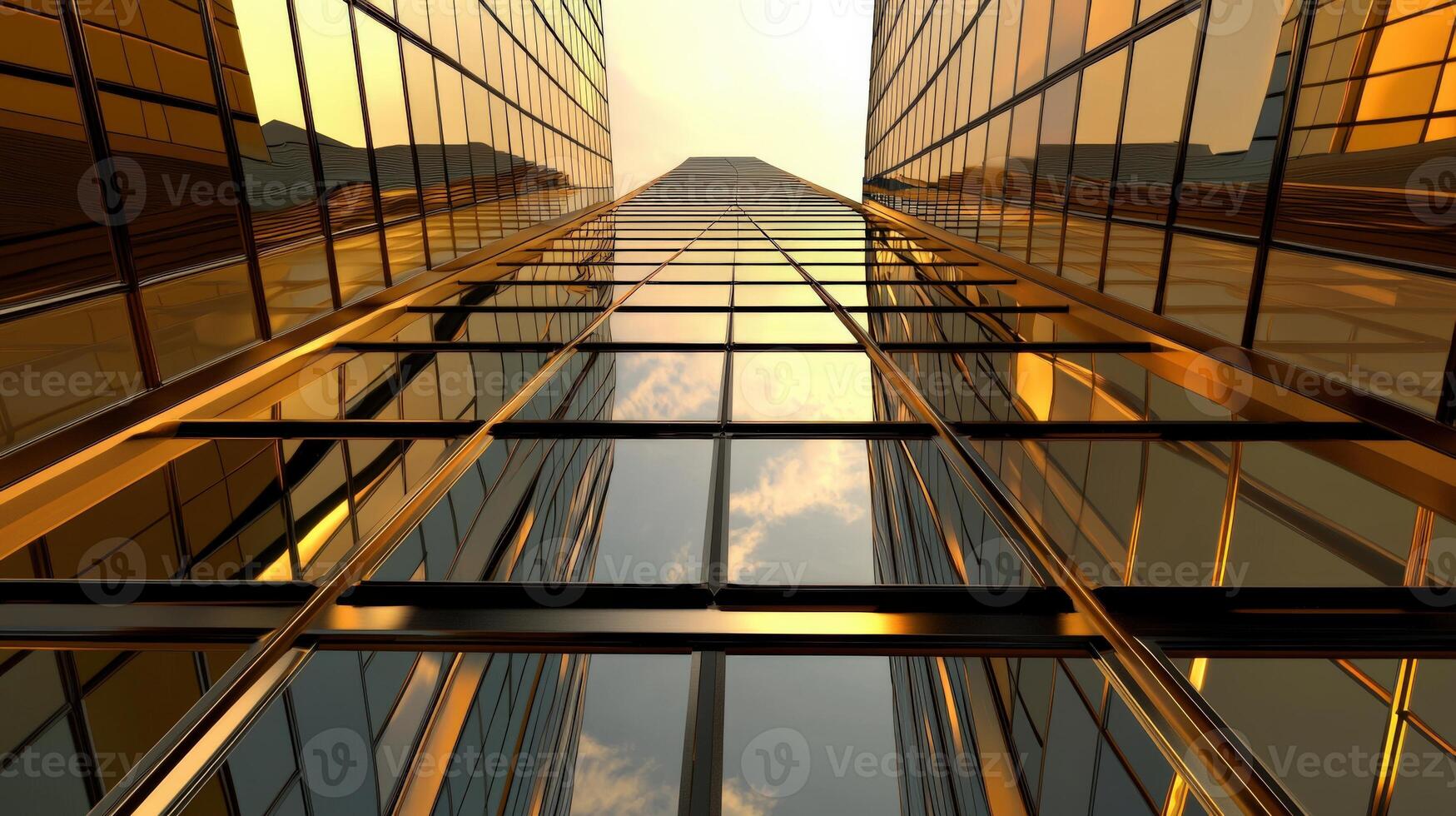 A view of a tall building with glass windows photo