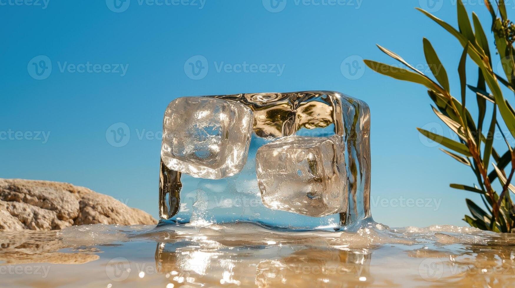 Ice cube in the sea with blue sky background photo