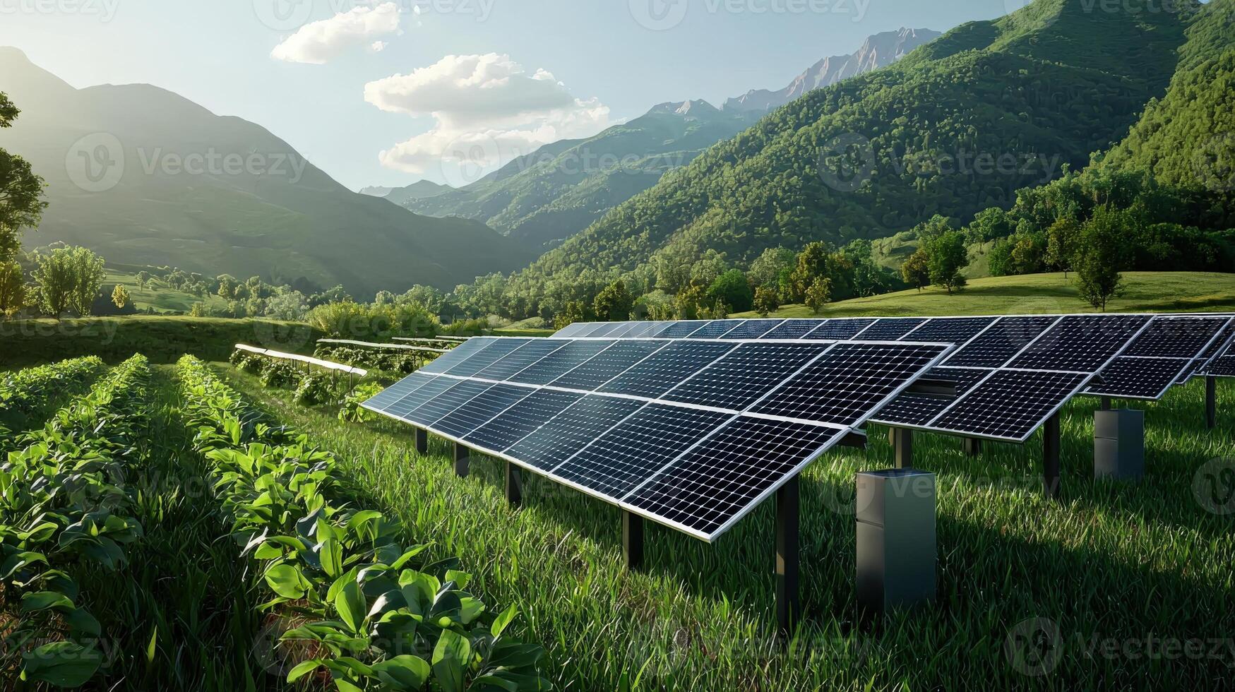 Solar panels in a field with mountains in the background photo