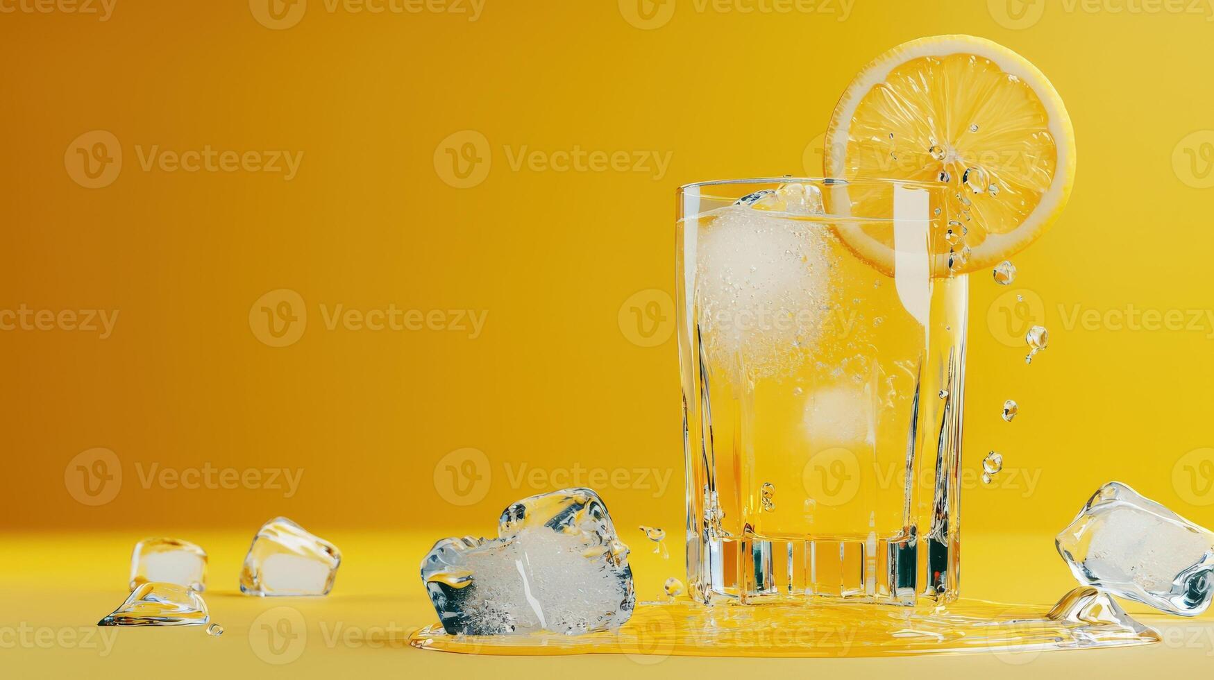 A glass of lemonade with ice cubes on a yellow background photo