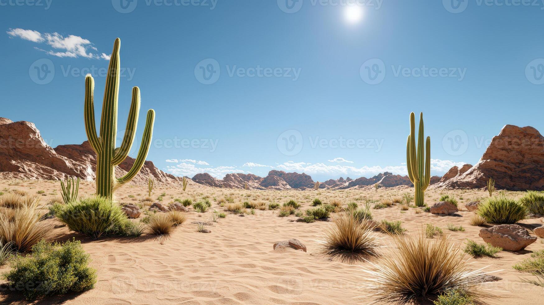 A desert scene with cactus plants and rocks photo