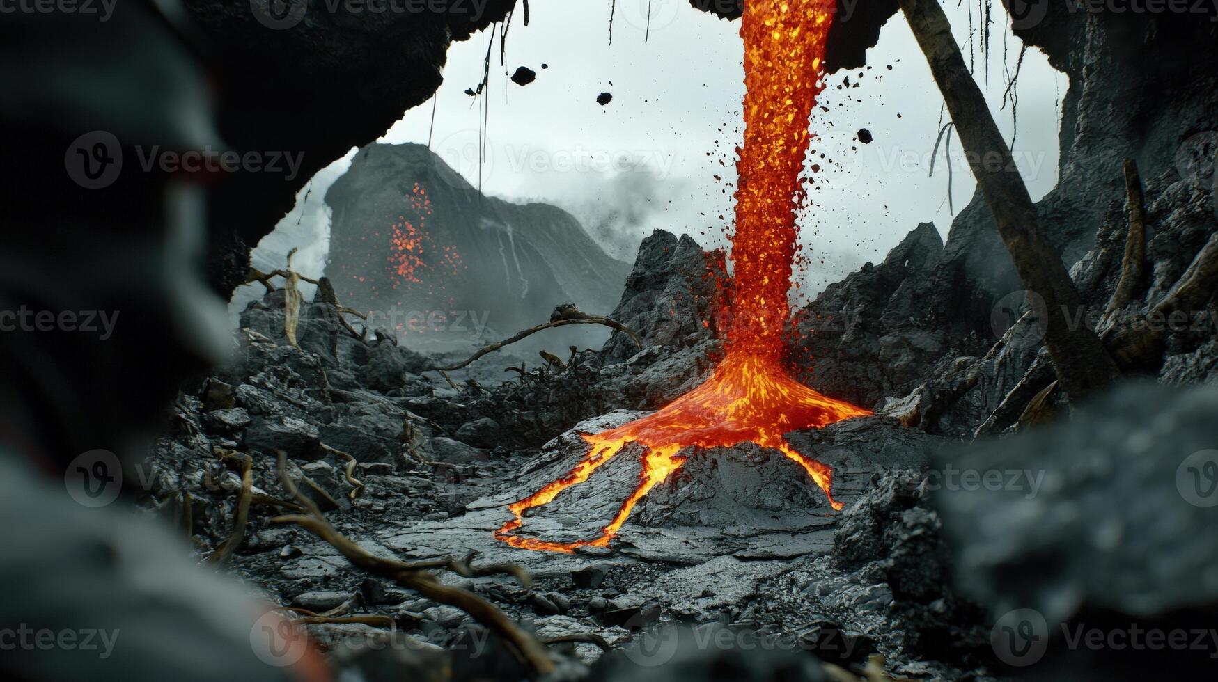 A lava flow is pouring out of a cave photo