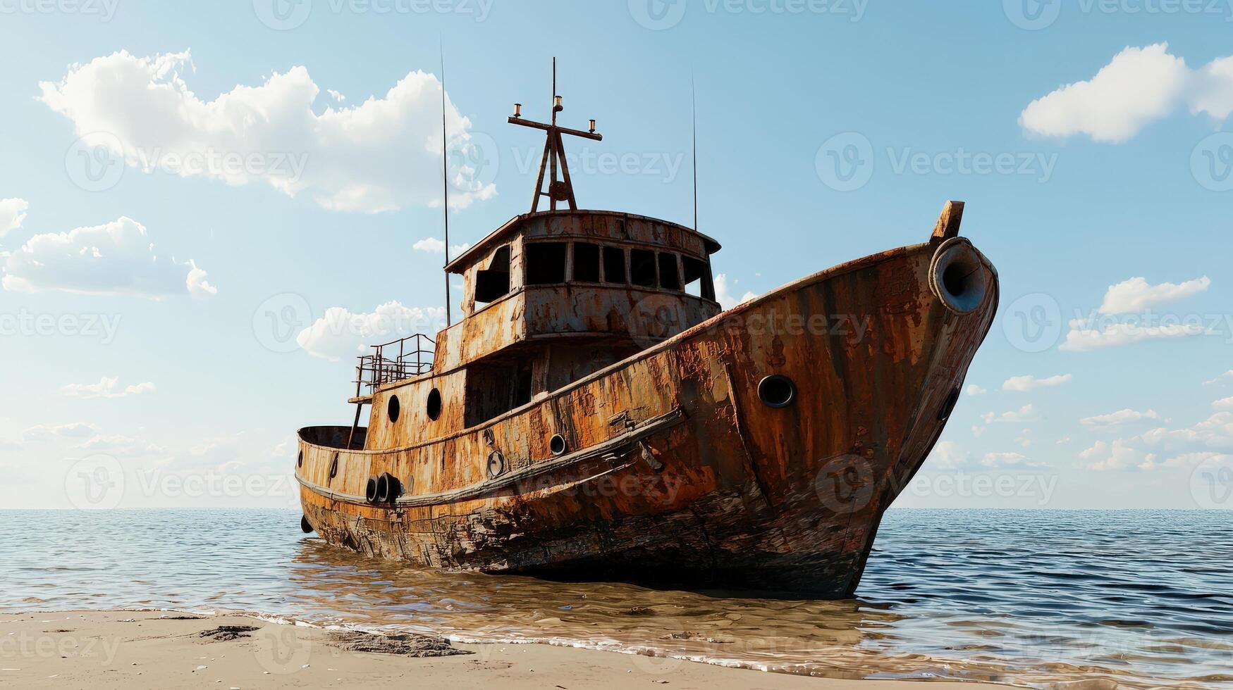 An old rusty boat sits on the beach in the ocean photo