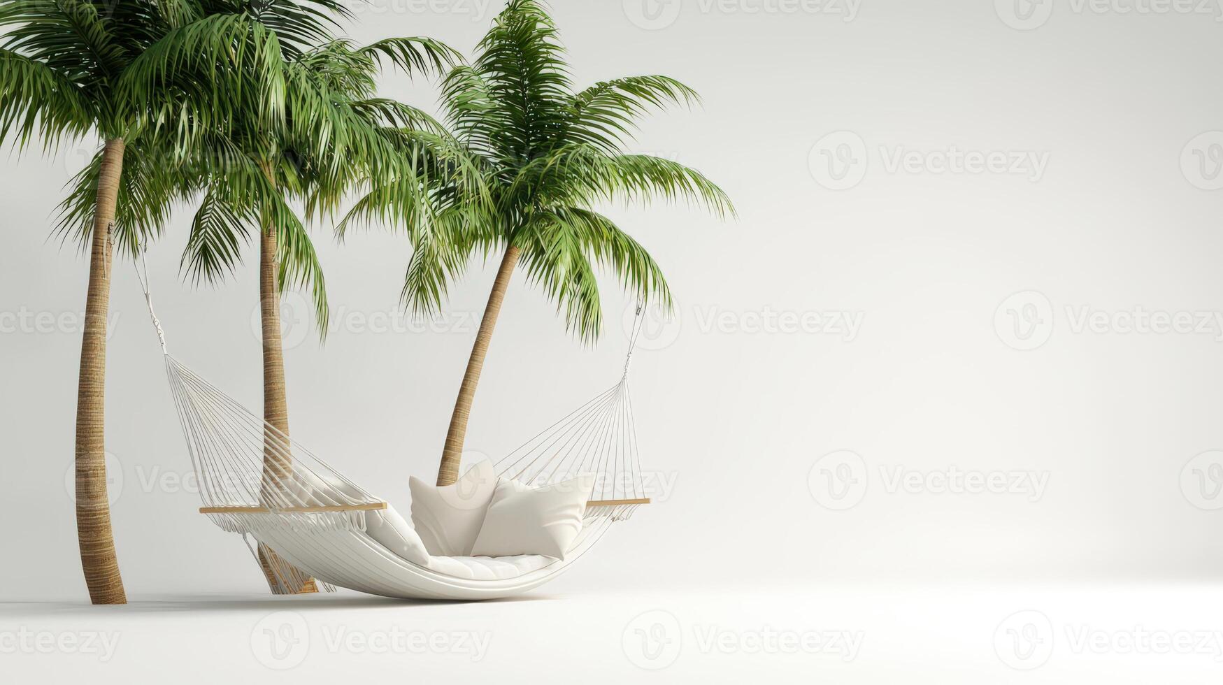 A hammock and palm trees in front of a white wall photo
