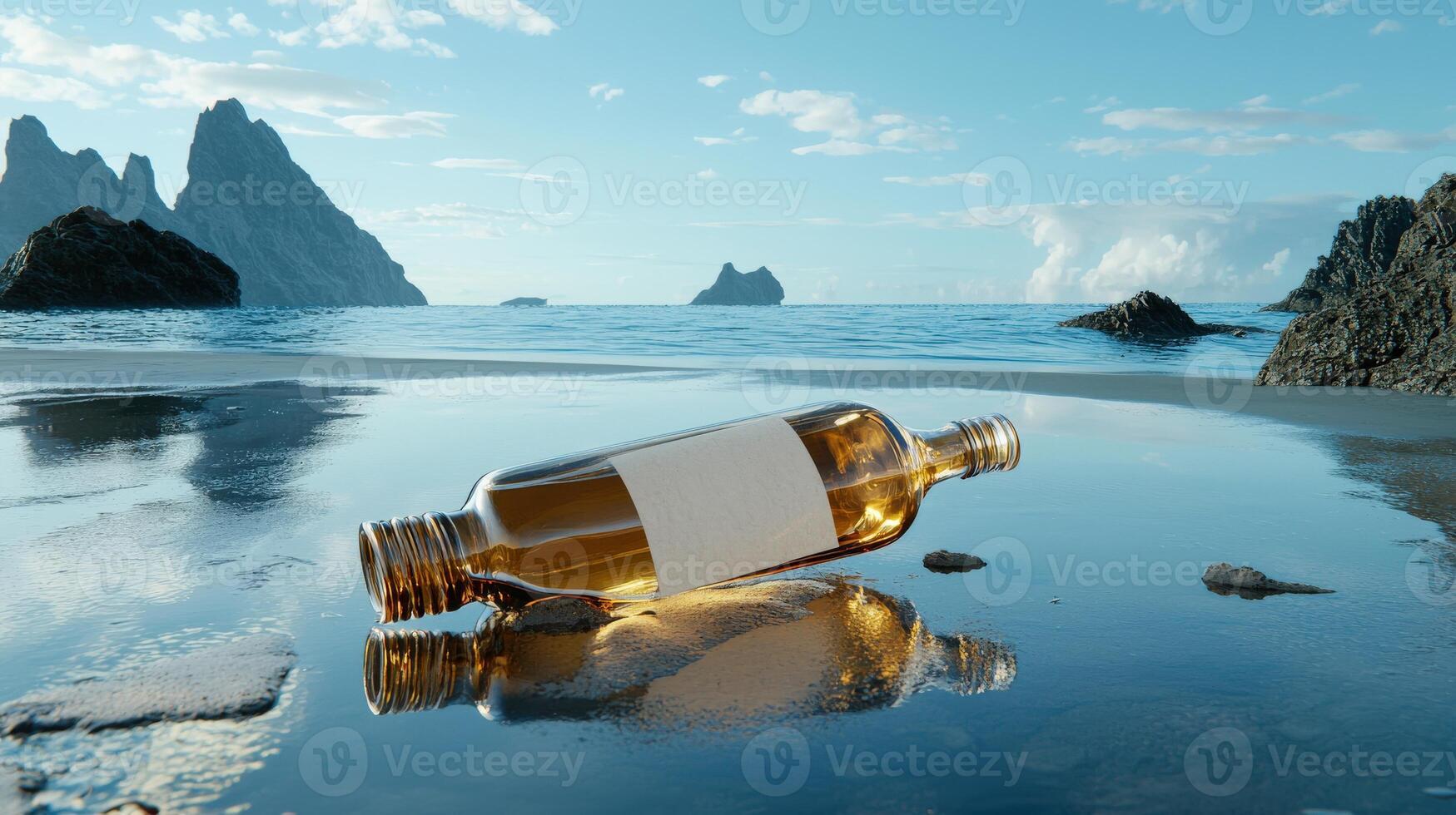 A bottle of alcohol on the beach with rocks in the background photo