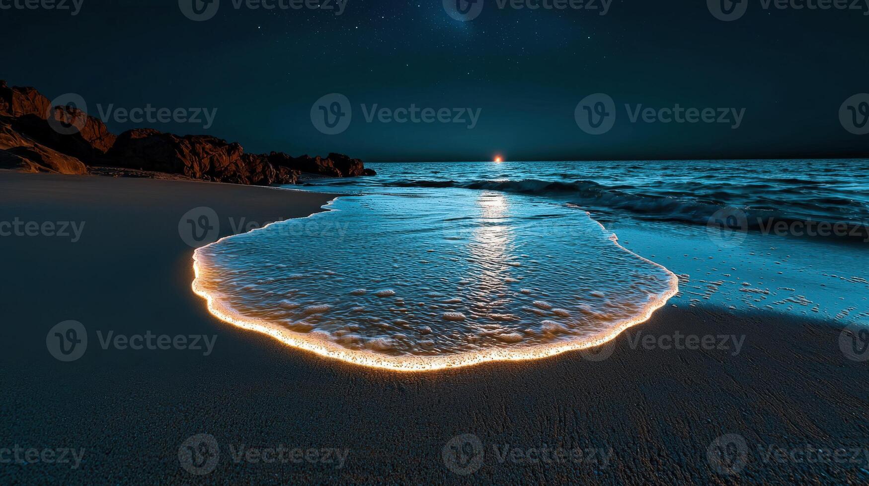 A beach at night with a wave and moon photo