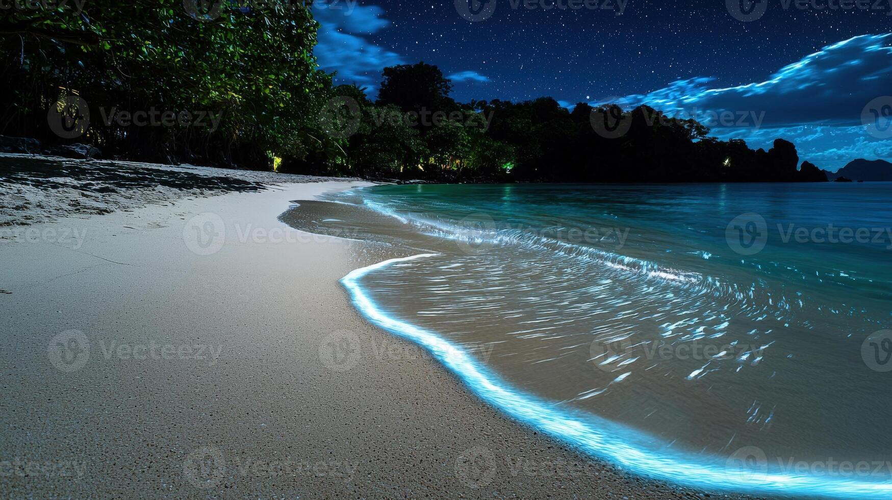 A beach at night with a blue light photo
