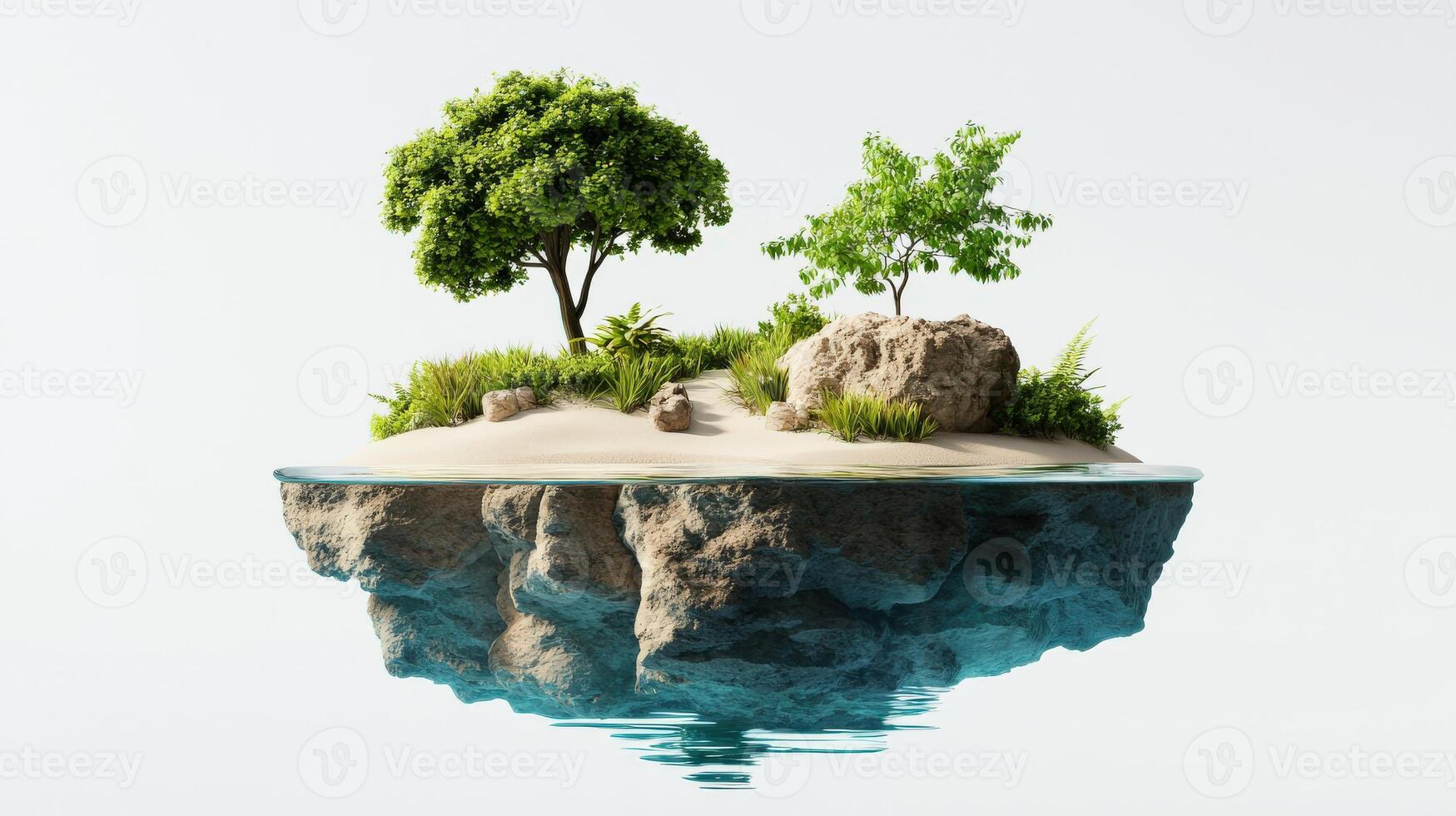 An island with trees and rocks floating in the water photo