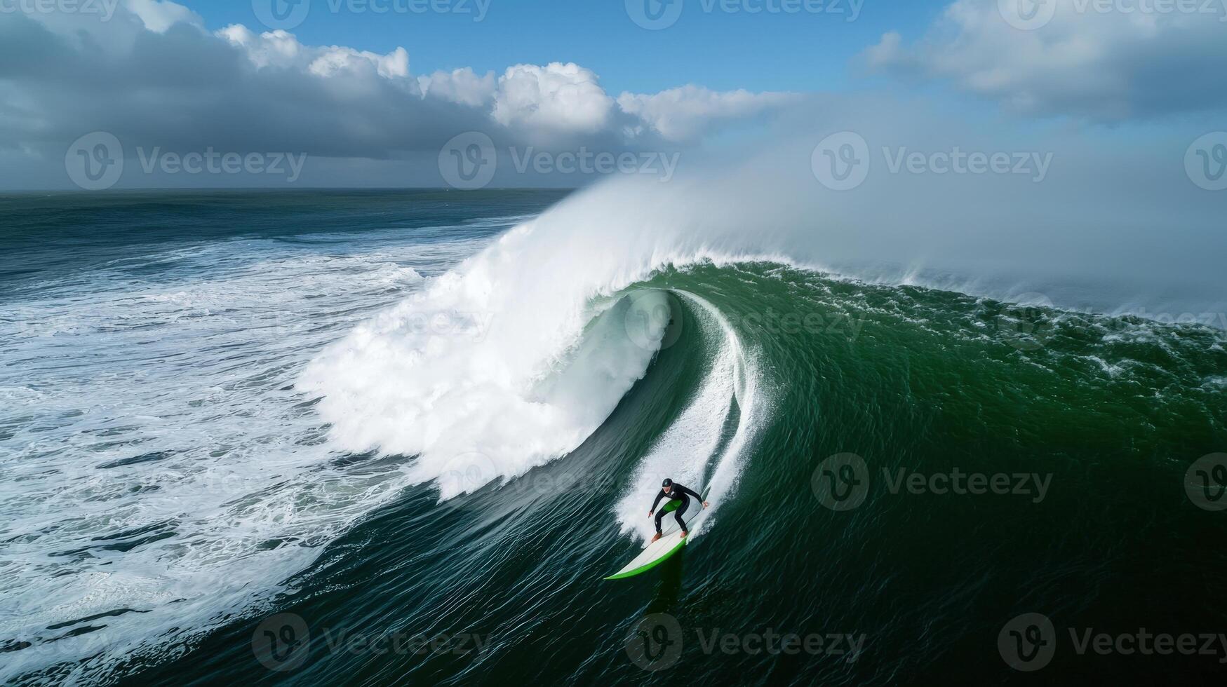 A surfer riding a large wave in the ocean photo