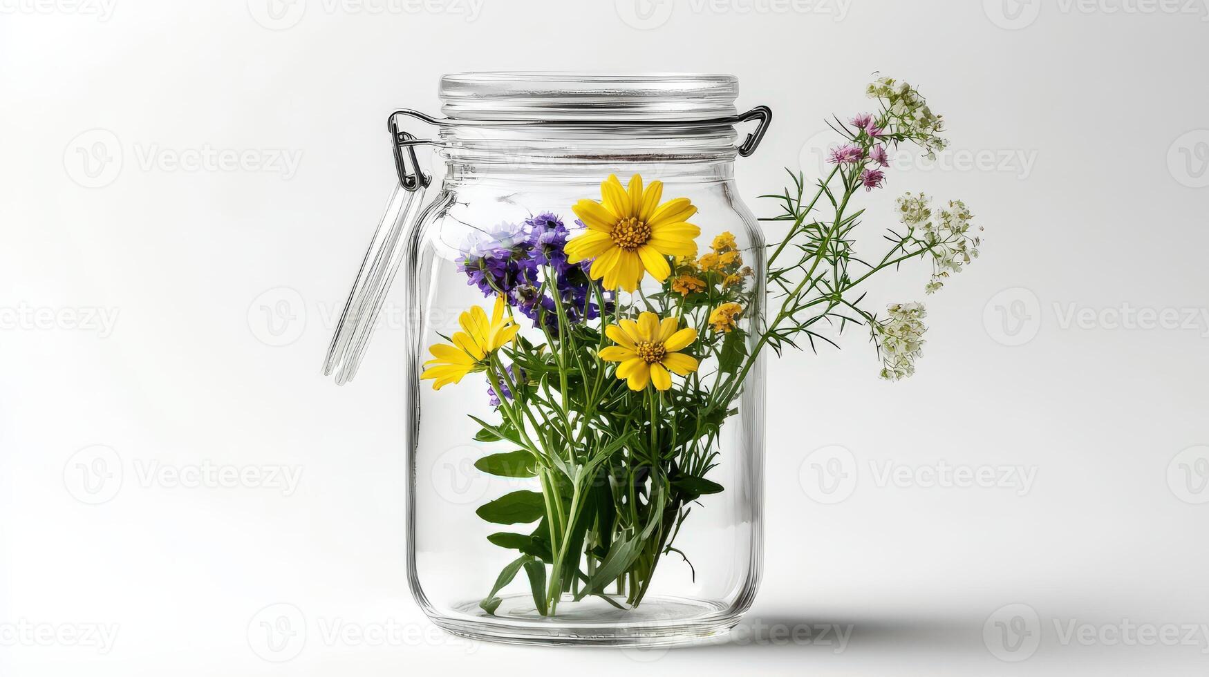 A jar filled with wildflowers on a white background photo
