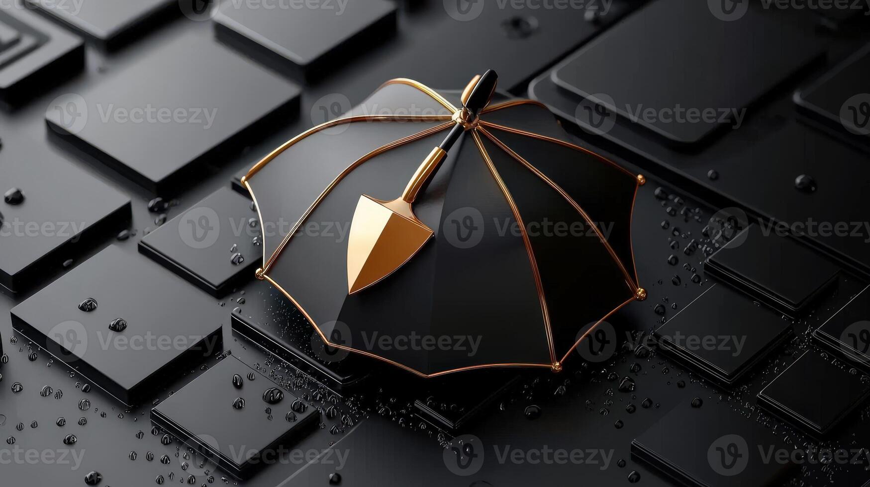 An umbrella with a golden shield on top of a black background photo