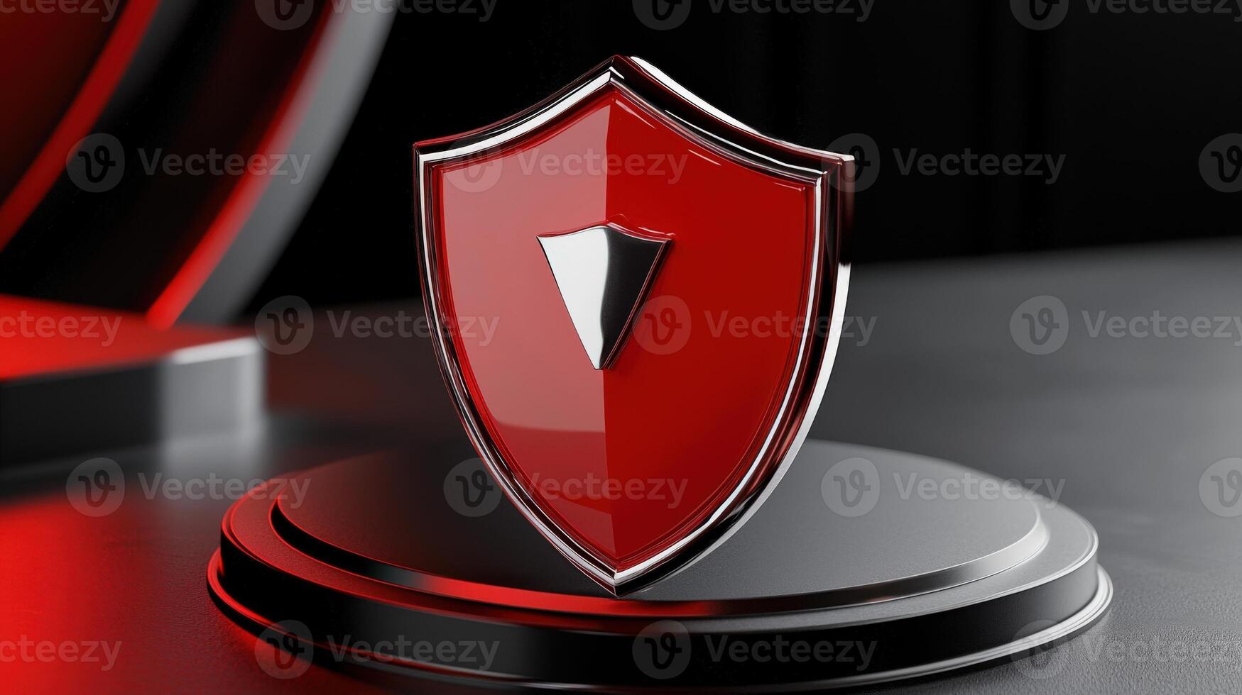 A red shield on a black stand photo