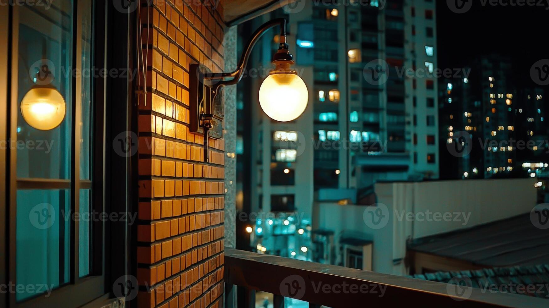 A light is on a brick wall near a window photo