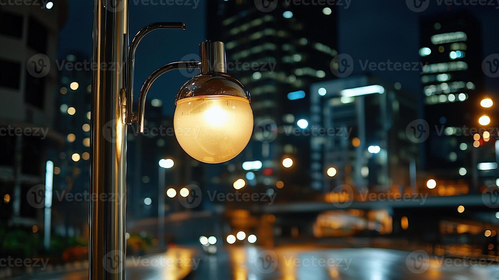 A street lamp is lit up at night photo