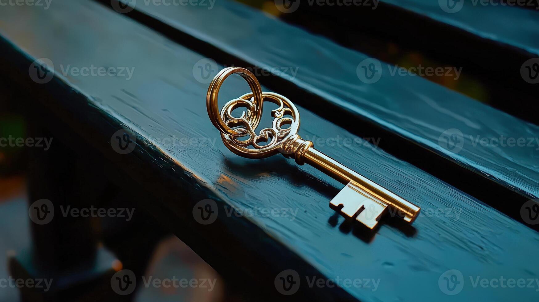 A key is sitting on a bench photo