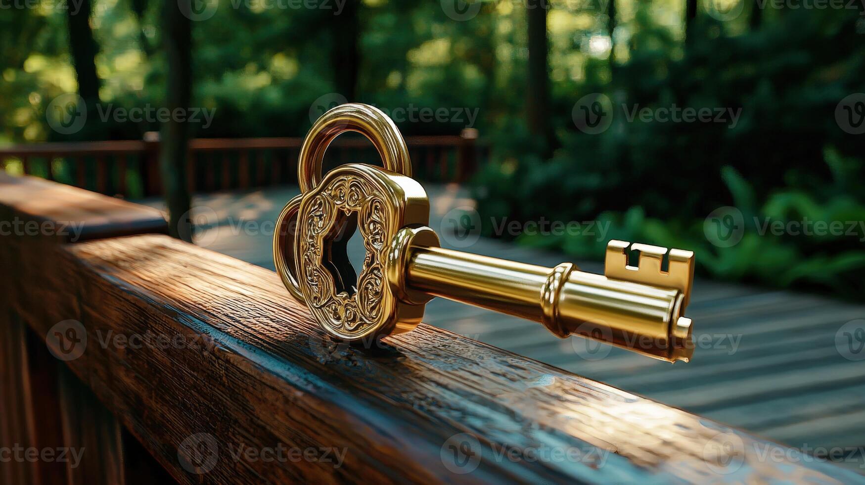 A golden key on a wooden fence photo