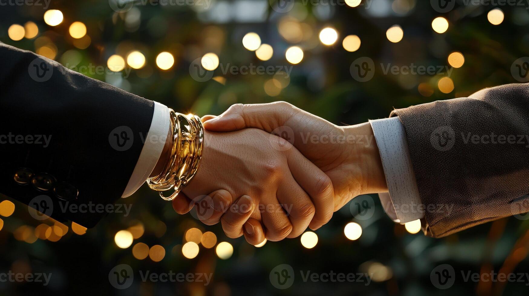 Two people shaking hands in front of a christmas tree photo