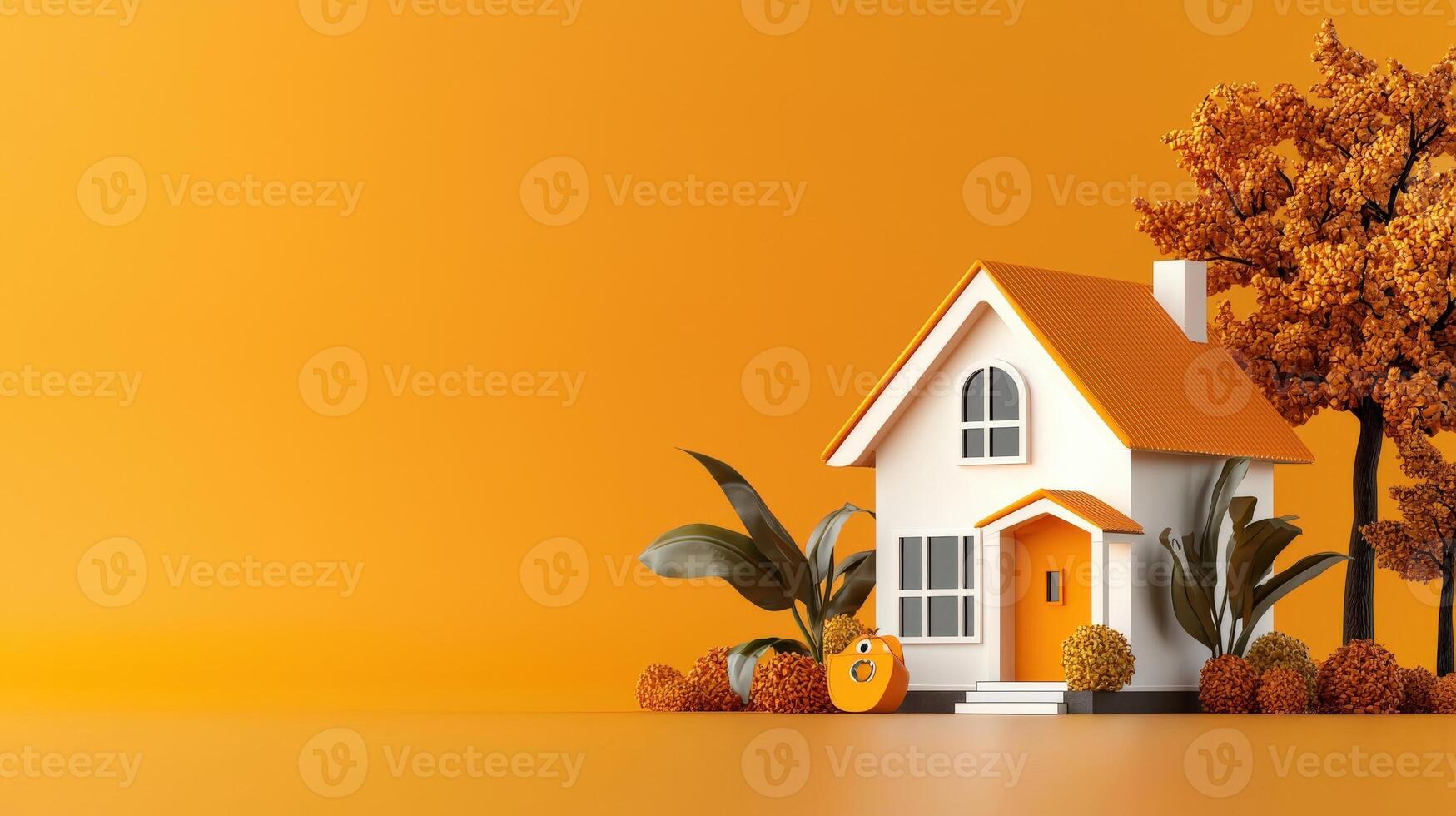 3d rendering of a house with orange leaves and a pumpkin photo