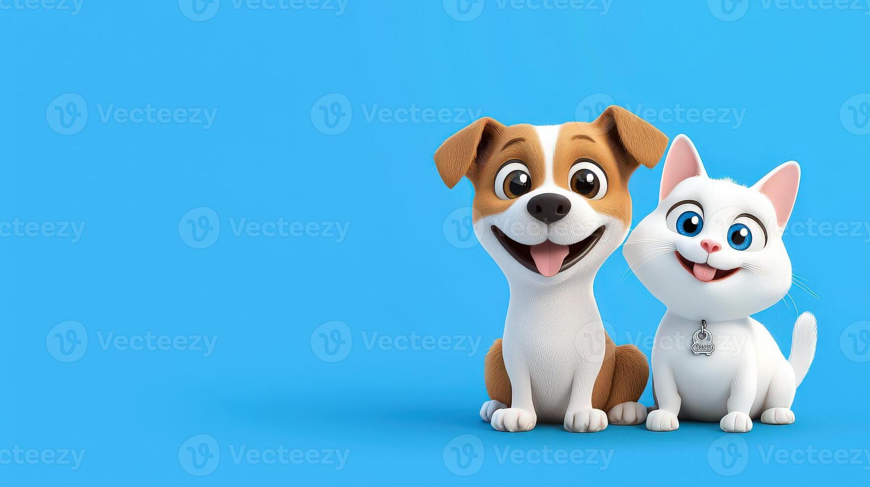 A cartoon dog and cat are sitting together on a blue background photo