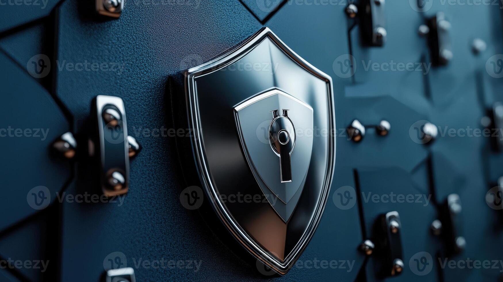A shield with a key on it is shown on a metal door photo