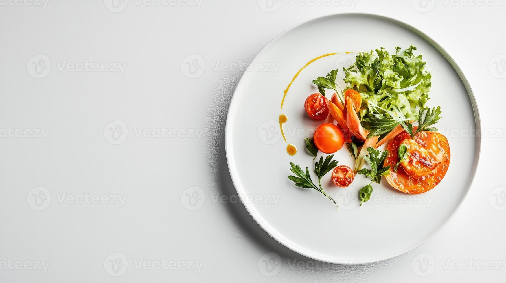 A white plate with vegetables and tomatoes on it photo