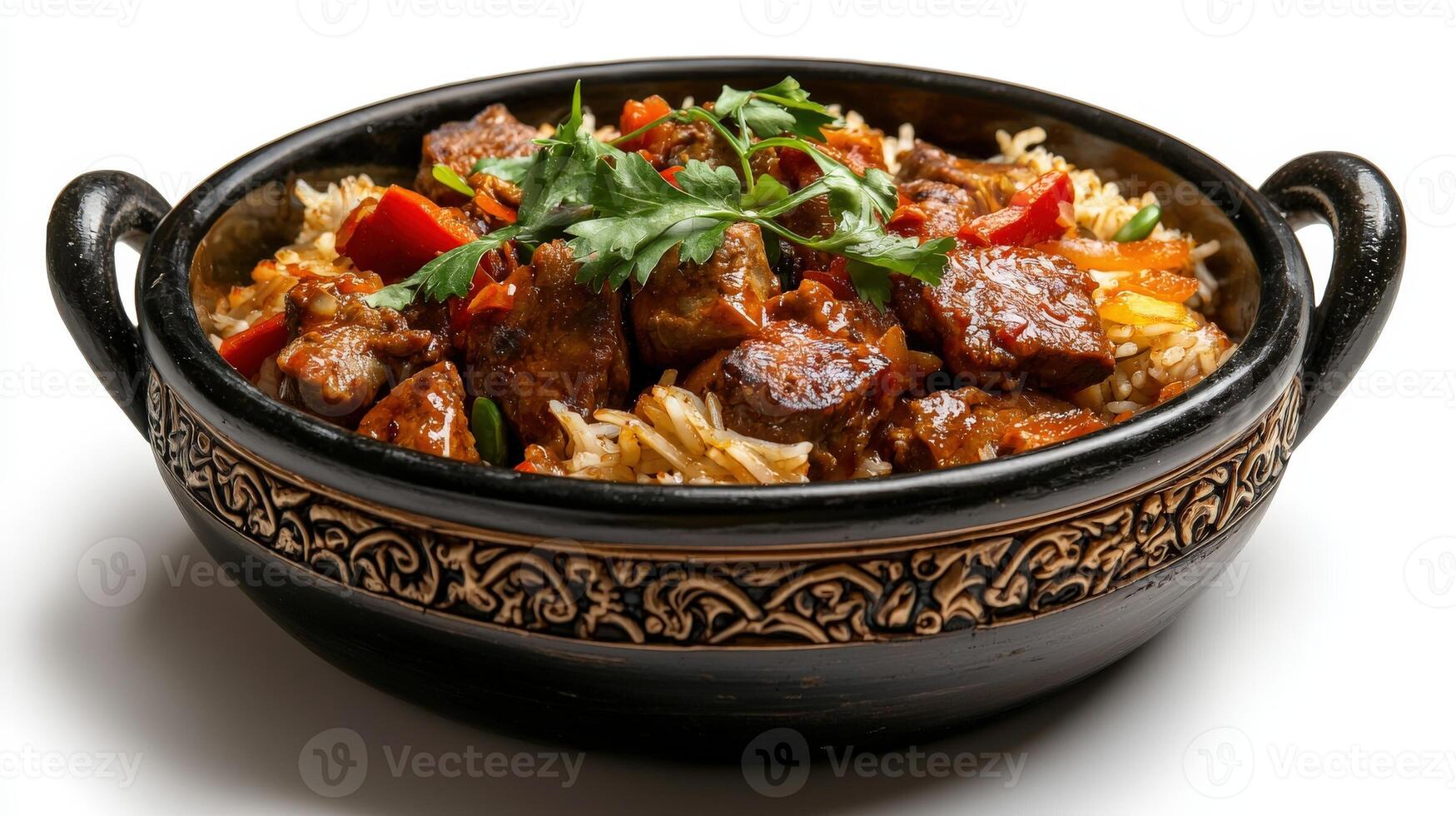A bowl filled with meat and vegetables on a white background photo