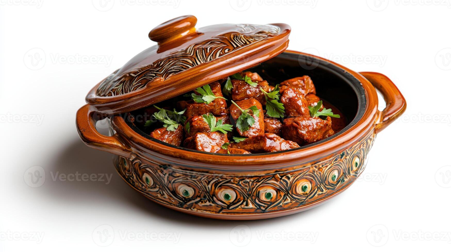 A brown pot with meat and vegetables in it photo