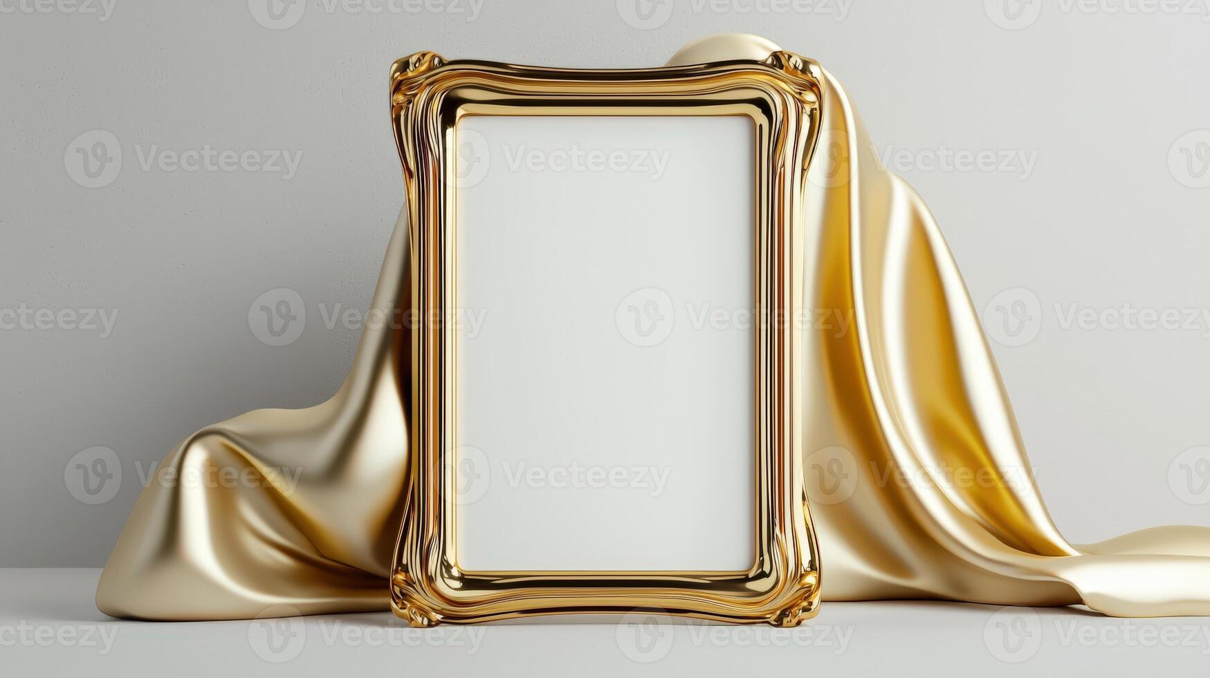 Golden frame with silk fabric on a white background photo