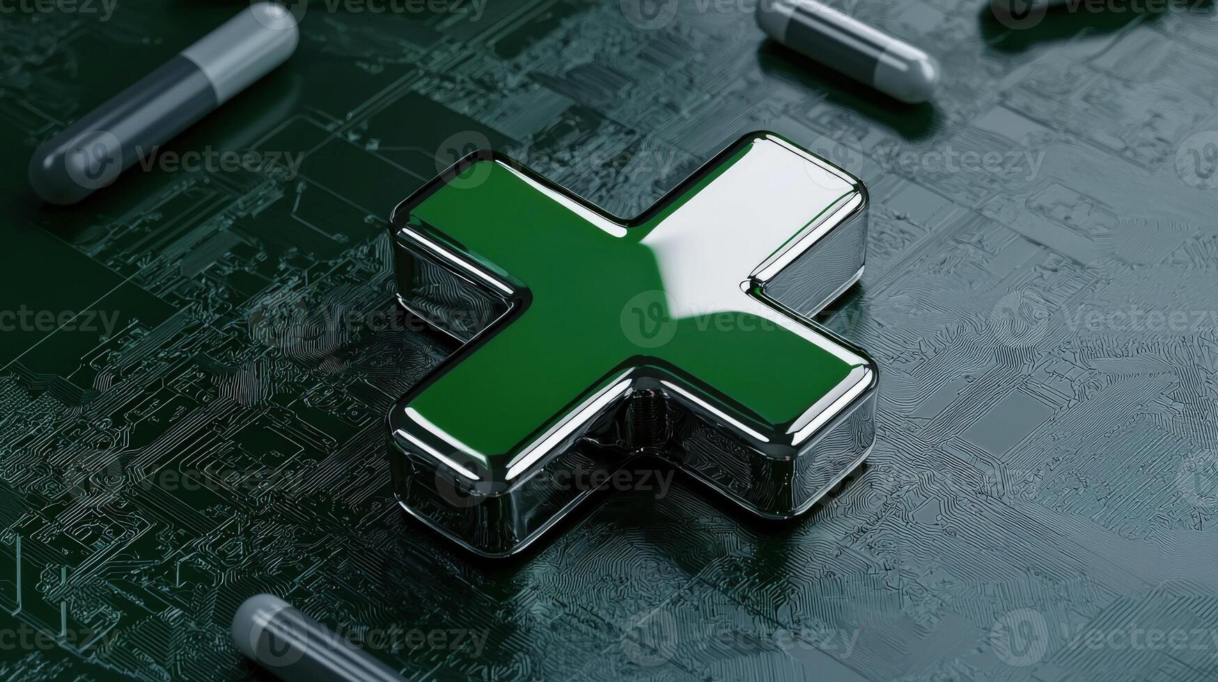 A green plus sign on a computer motherboard photo