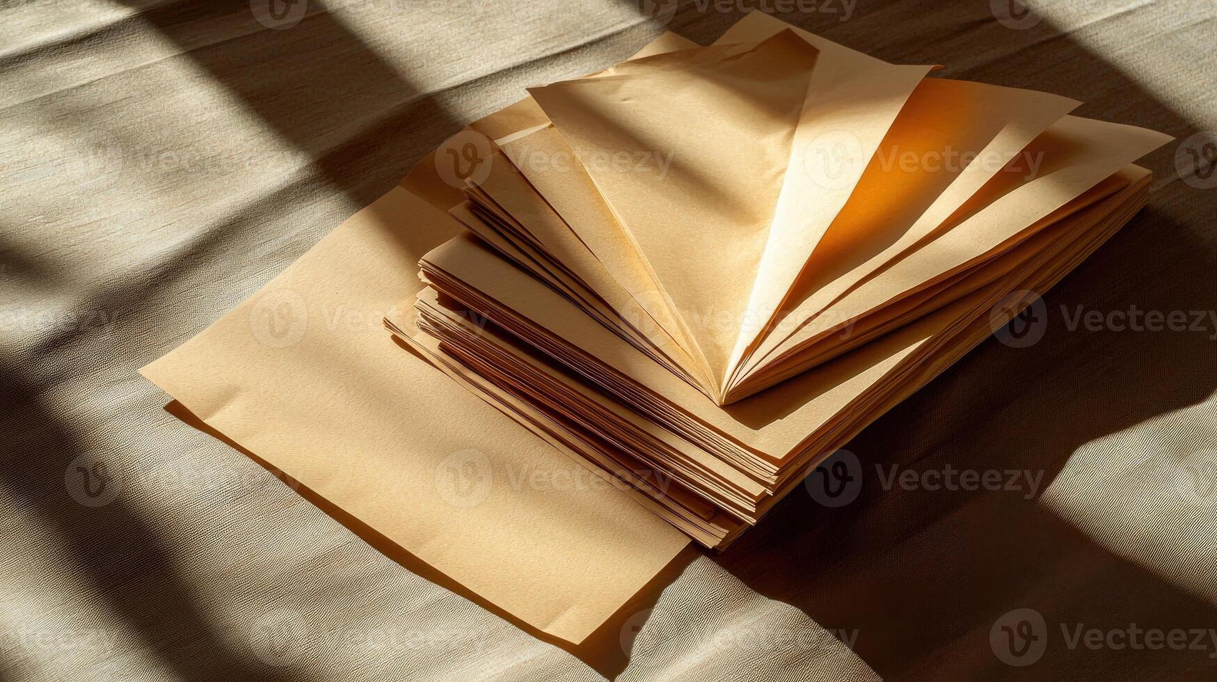 A stack of folded paper on a table photo