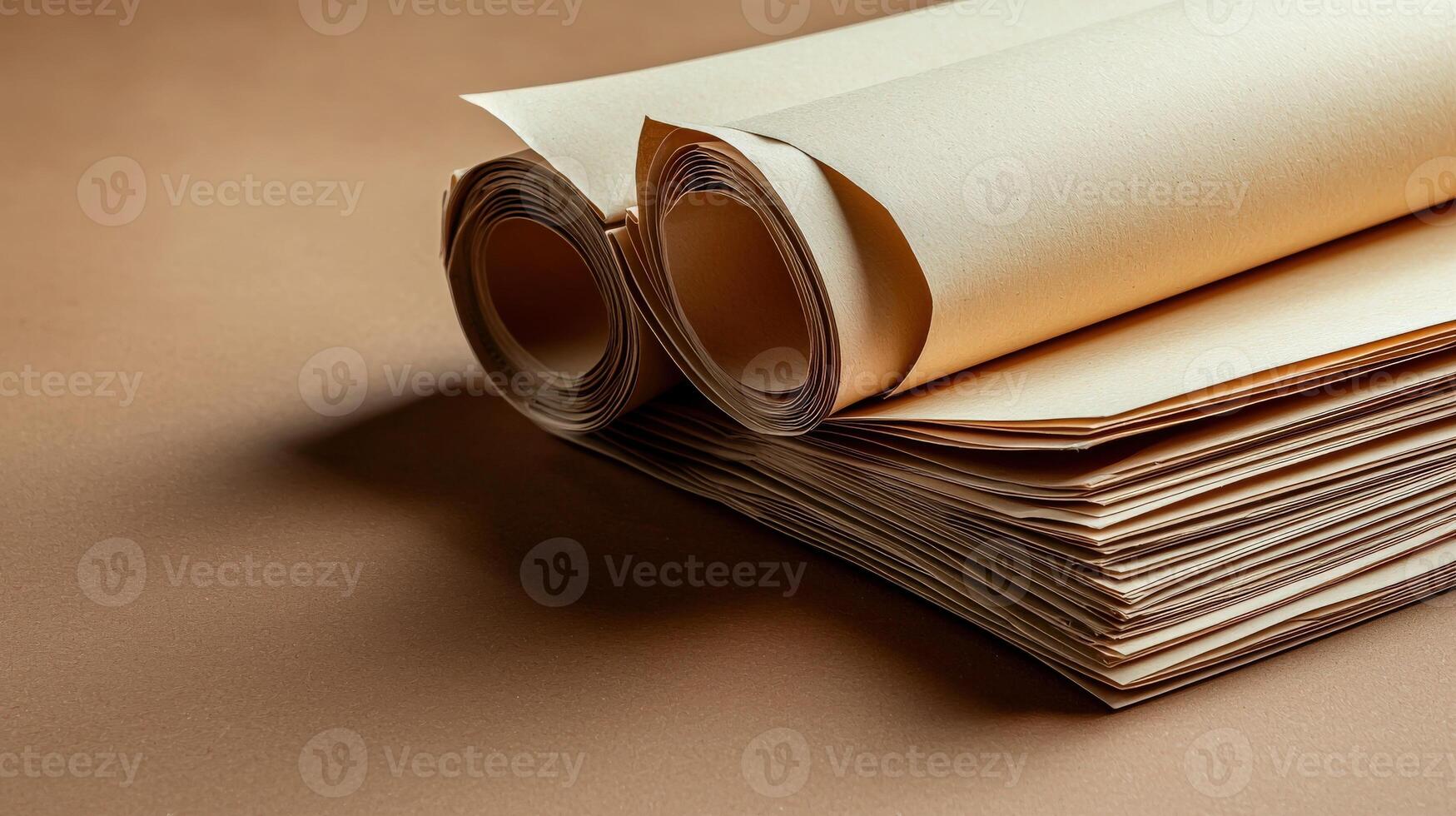 A stack of papers on a brown surface photo