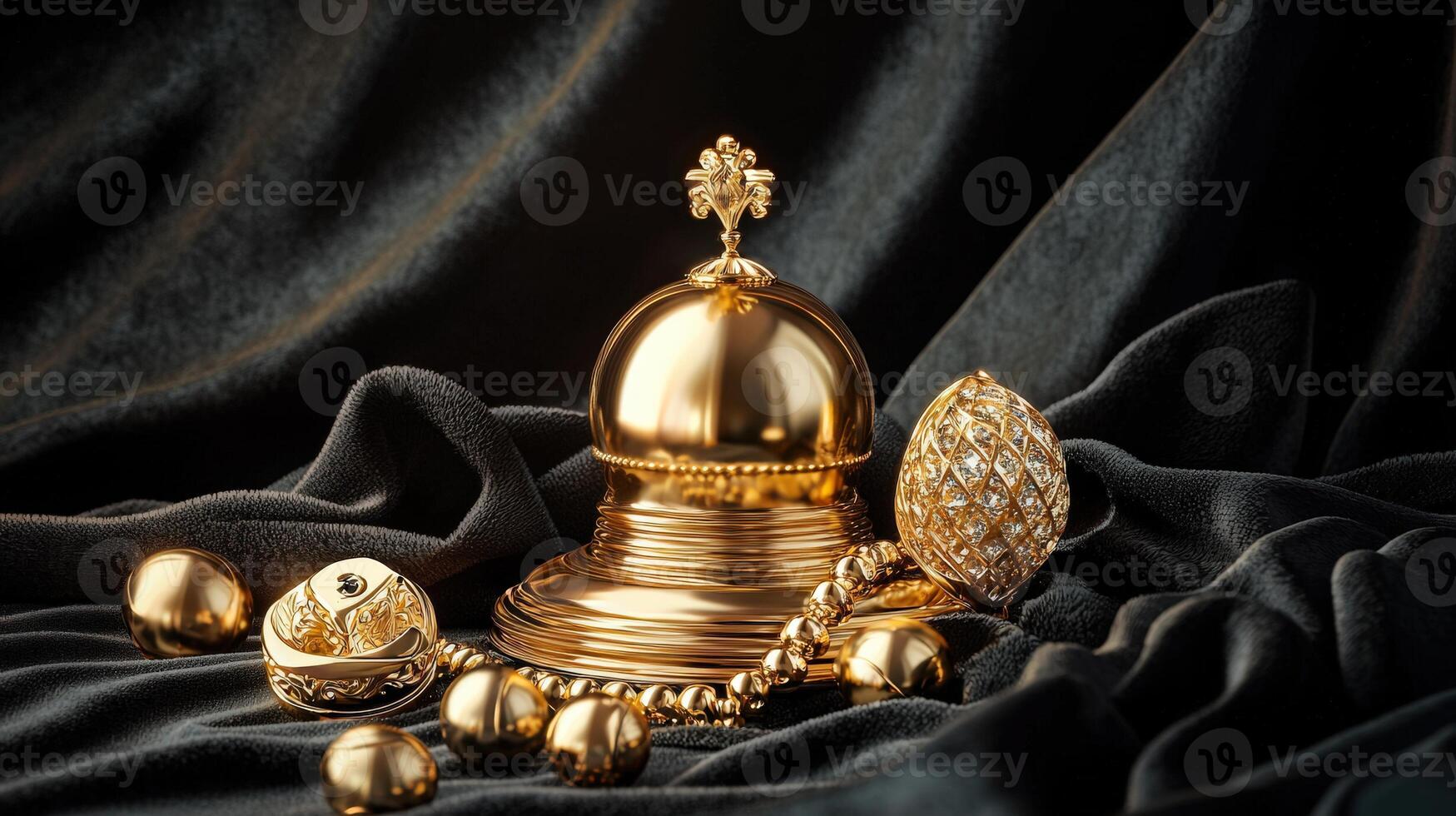 Golden eggs and bells on a velvet background photo