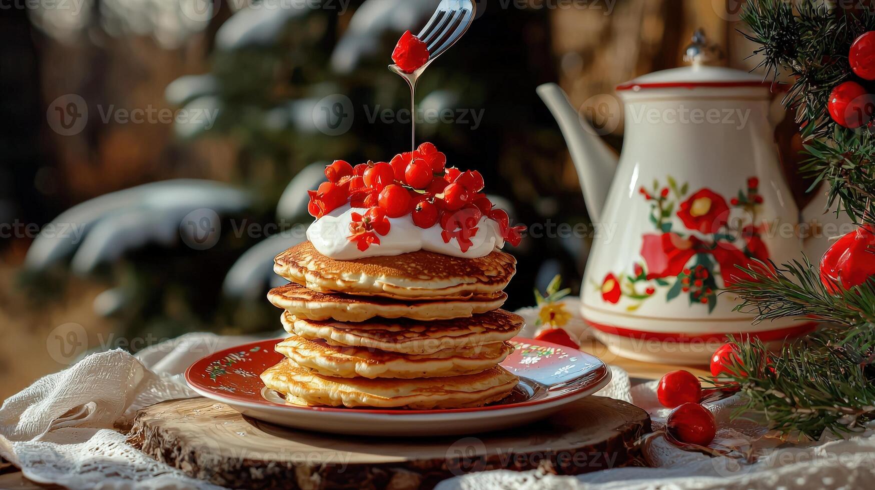 A stack of pancakes with whipped cream and berries photo