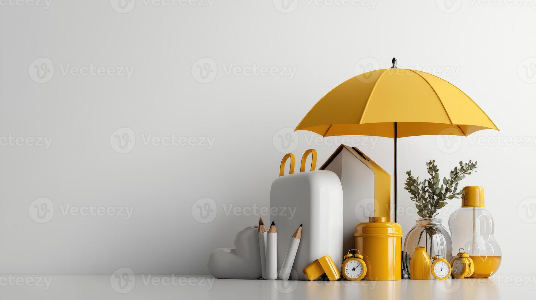 Yellow umbrella and various objects on a white background photo