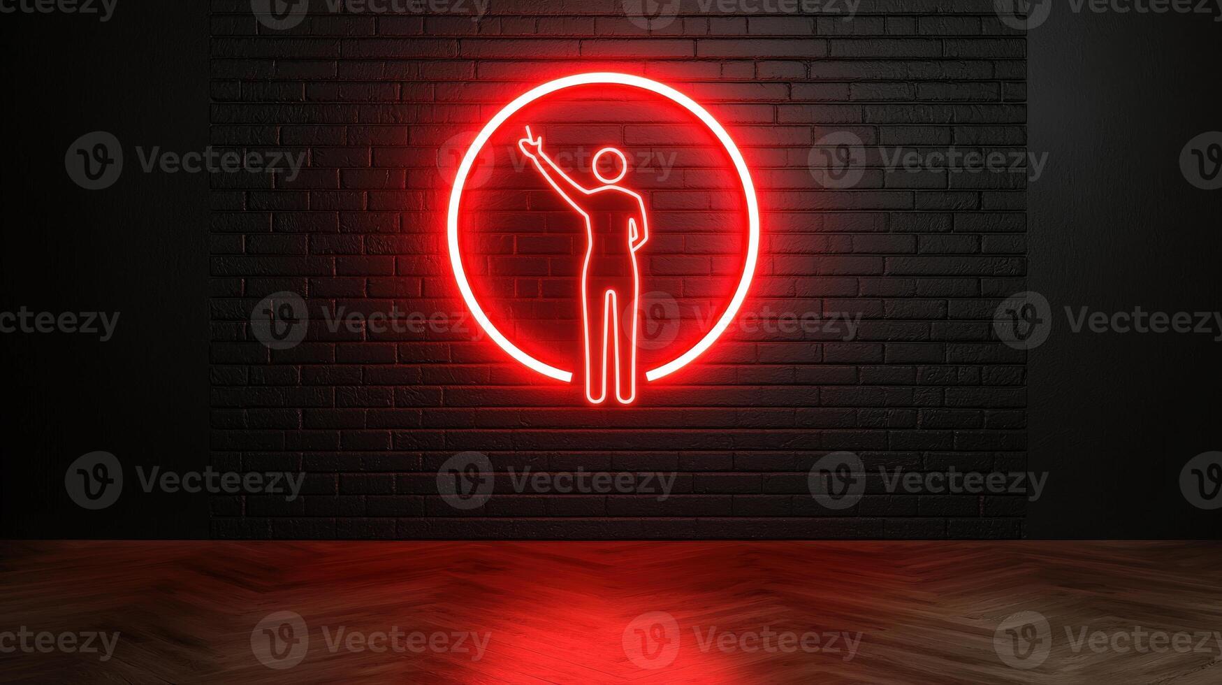 Red neon sign on a brick wall with a man in the circle photo