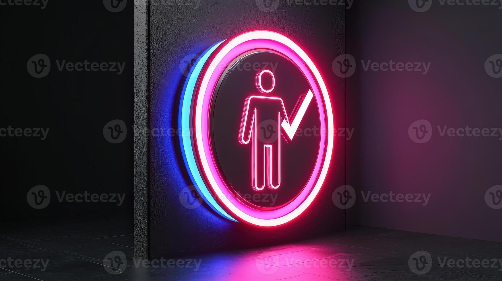 A neon sign with a man standing in front of a door photo