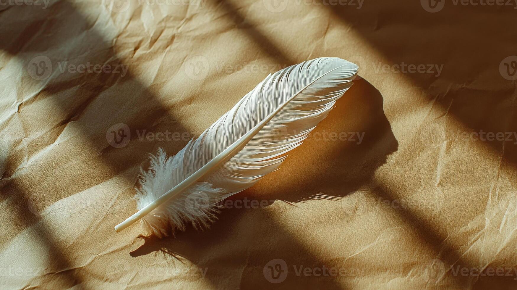 A white feather laying on top of a brown paper photo