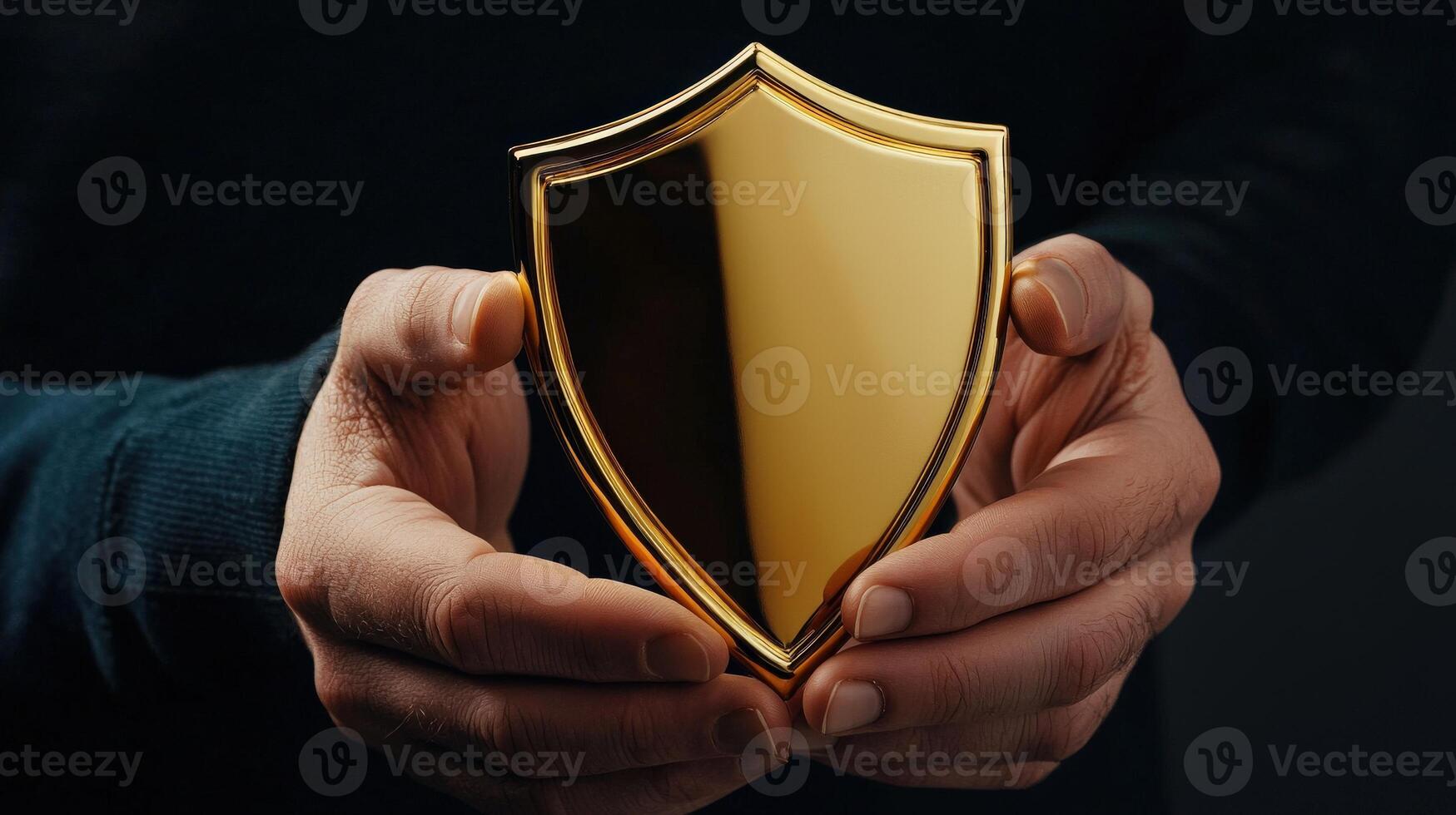 A person holding a gold shield in their hands photo