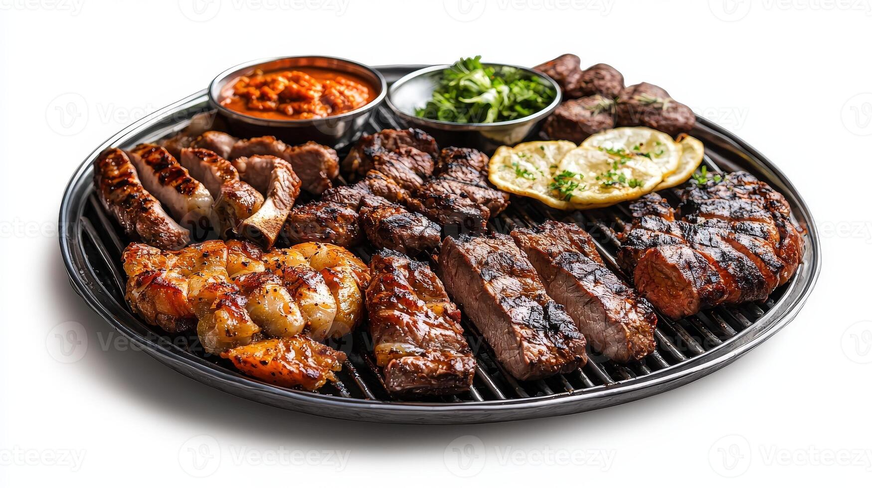 A large plate with meat and vegetables on it photo