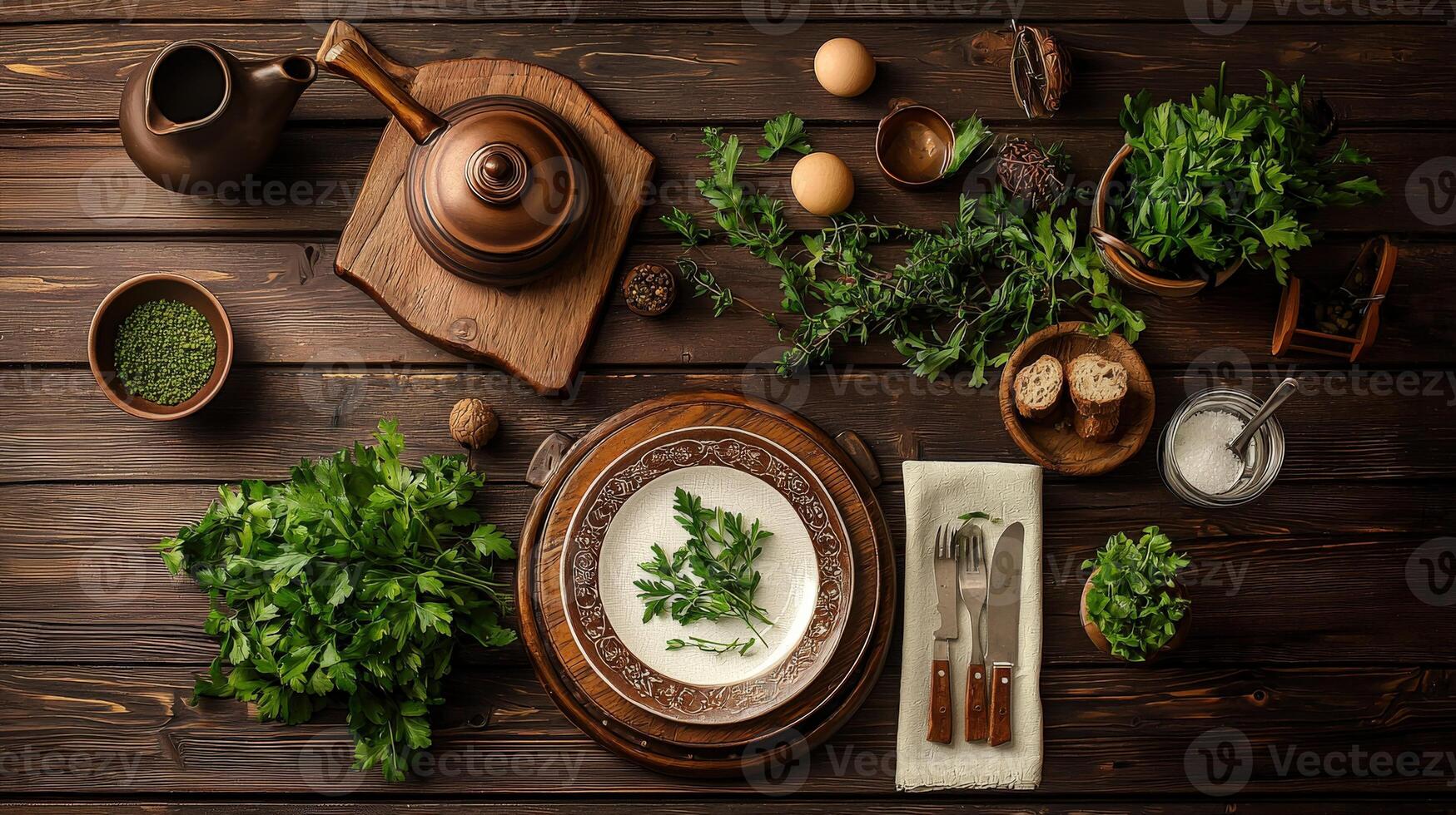 A table with a bowl of herbs and vegetables photo