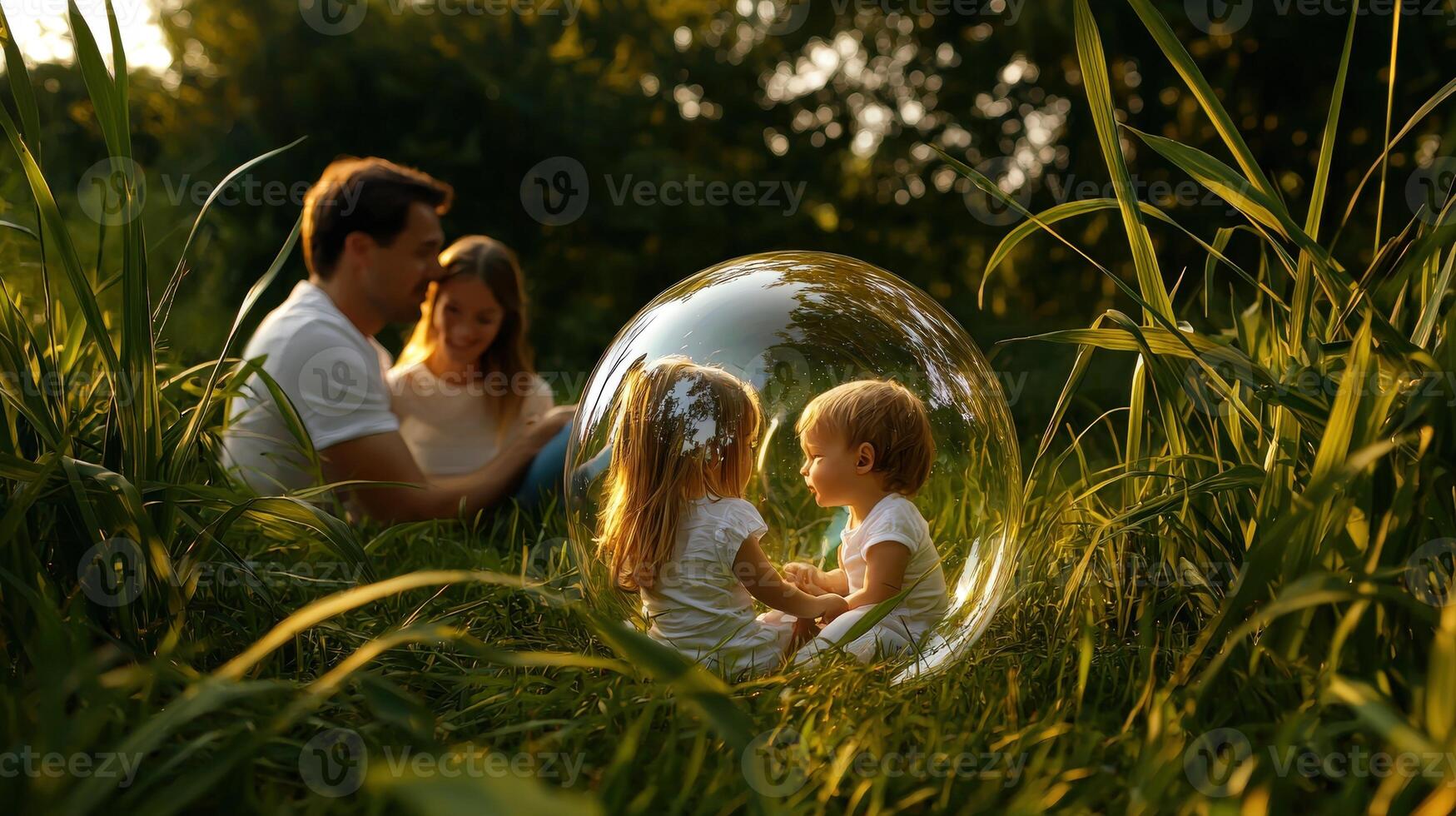 A family is sitting in a bubble in the grass photo