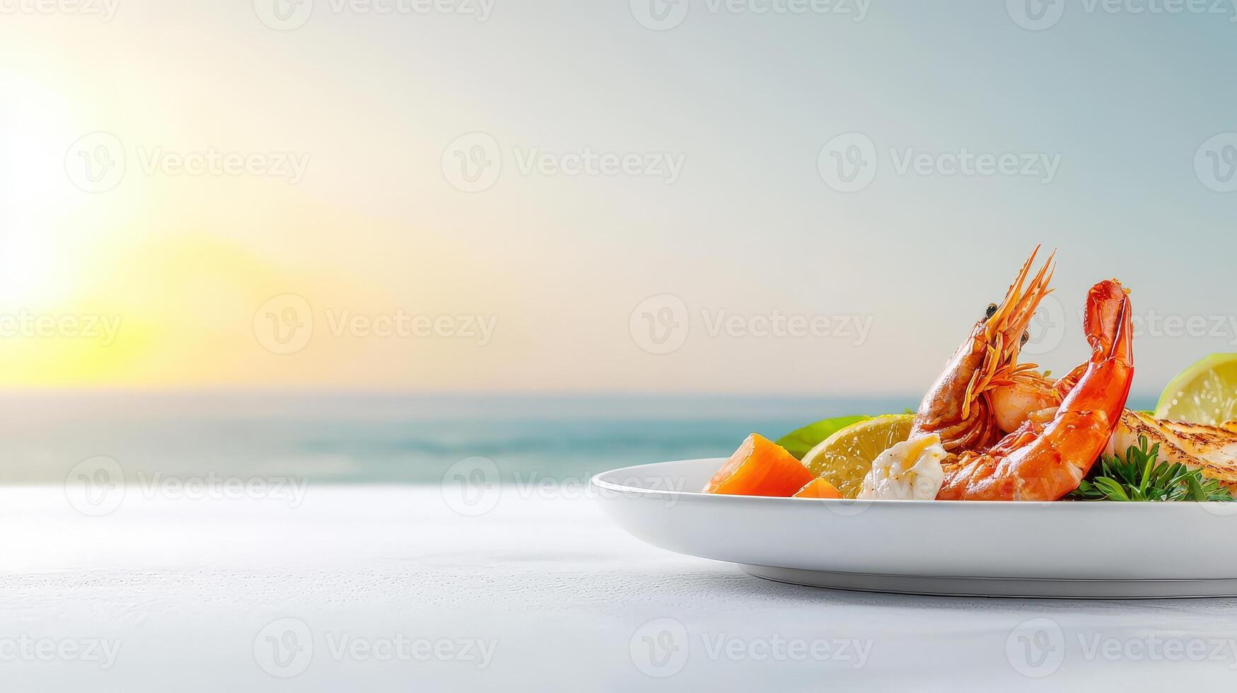 A plate with shrimp and vegetables on a table in front of the ocean photo