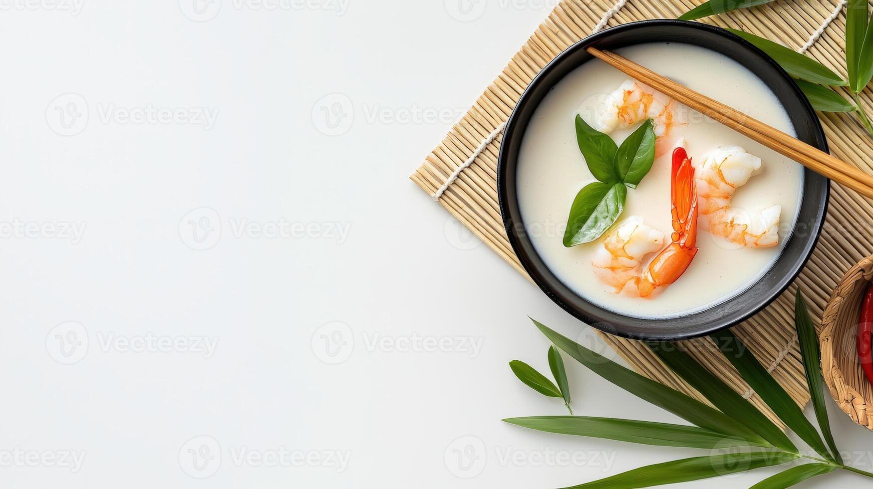 Chopsticks and a bowl of soup with shrimp on a white table photo
