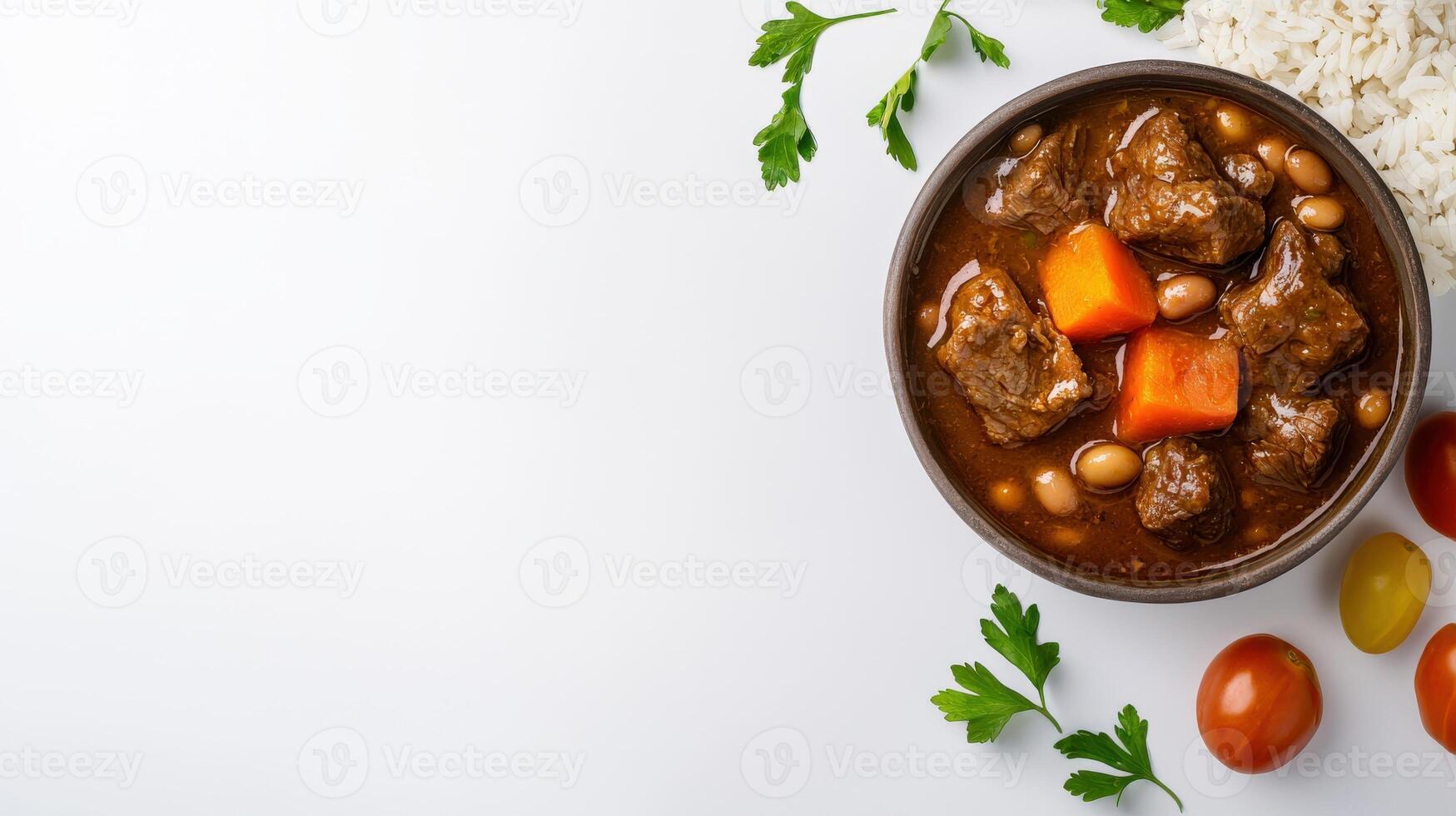 Beef stew with rice and vegetables on white background photo