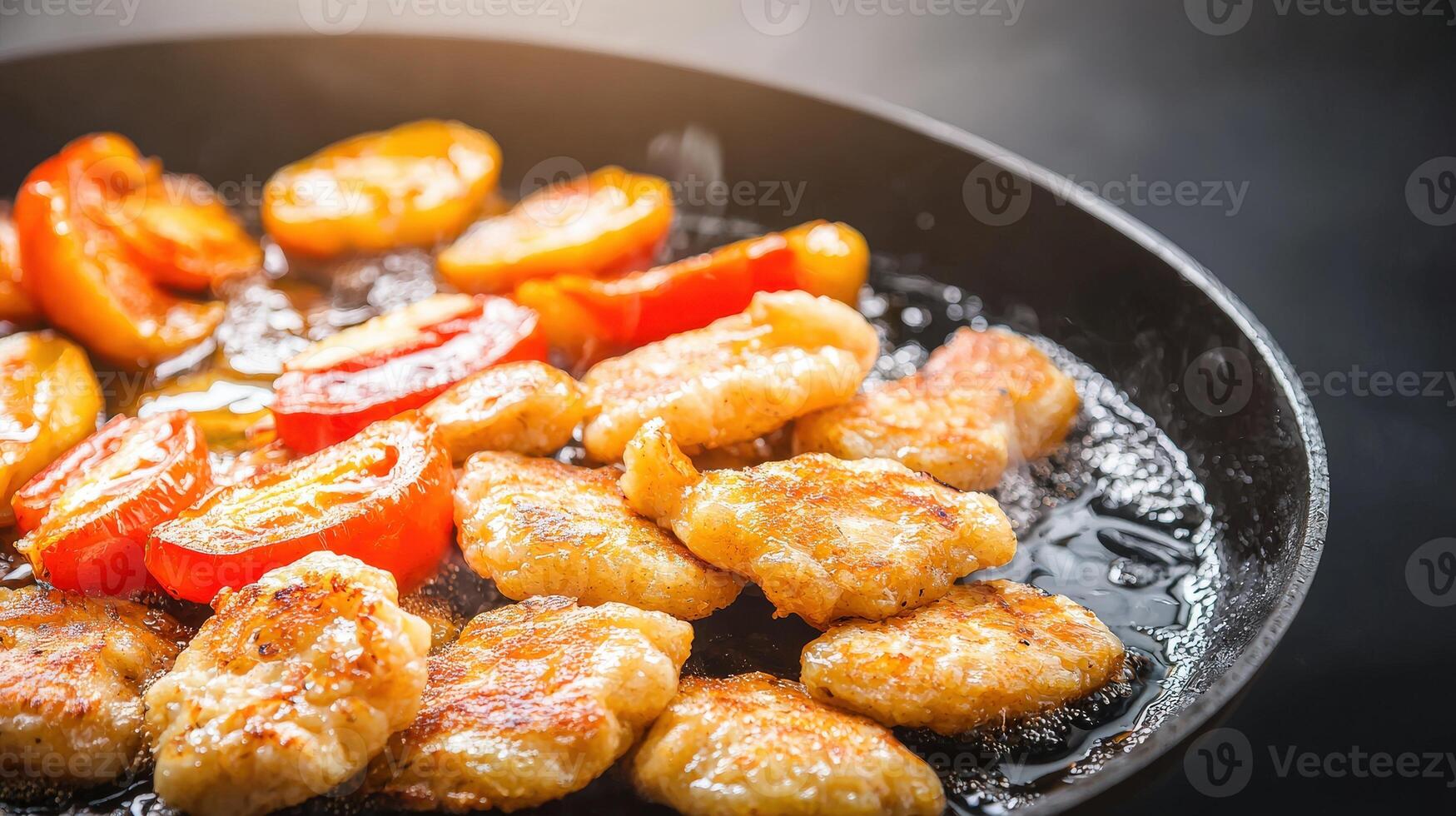 Chicken nuggets and tomatoes frying in a pan photo