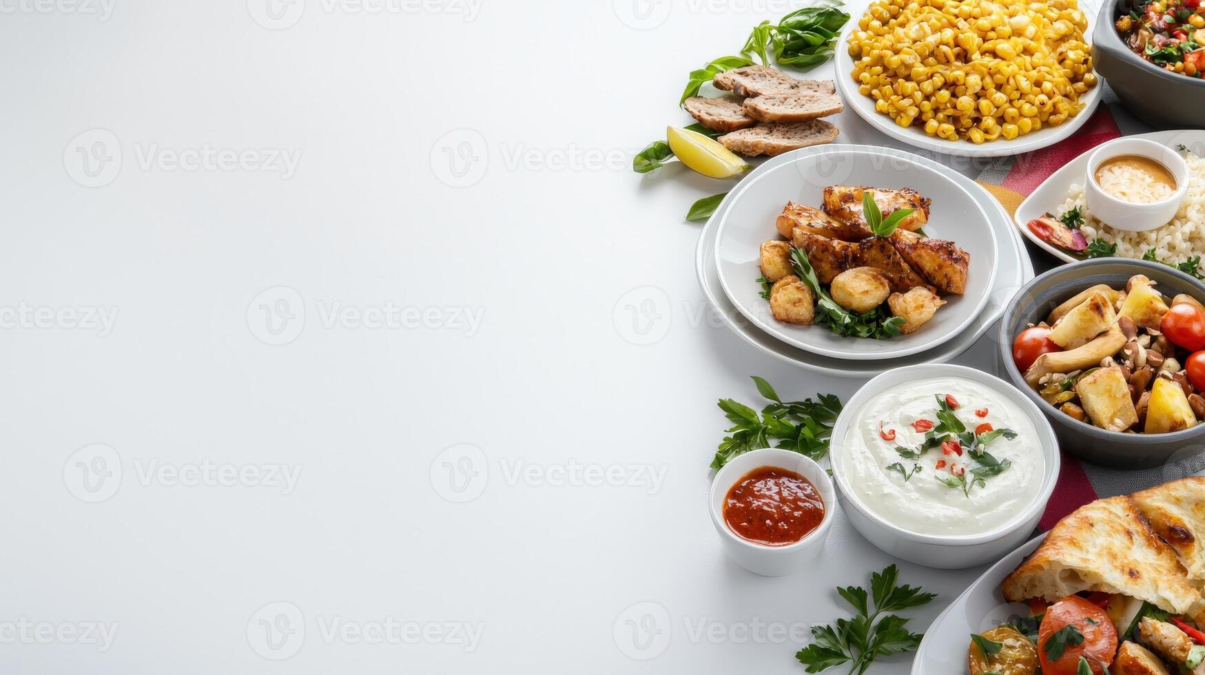 A variety of different foods are arranged on a white table photo