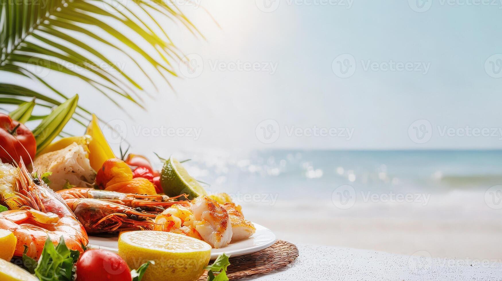 A plate of seafood and vegetables on the beach photo
