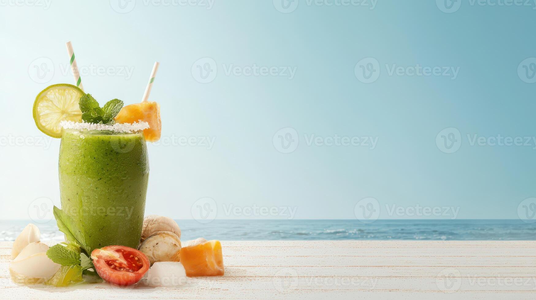 A green smoothie with fruit and vegetables on a wooden table photo