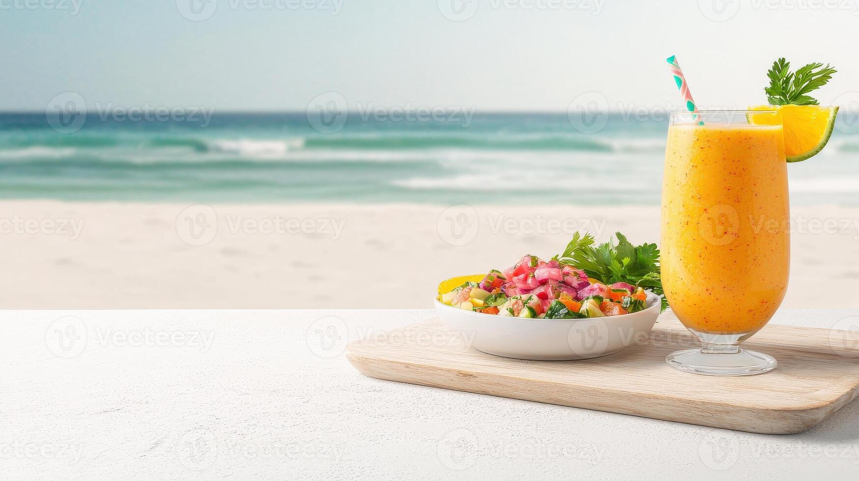 Tropical fruit smoothie on the beach photo